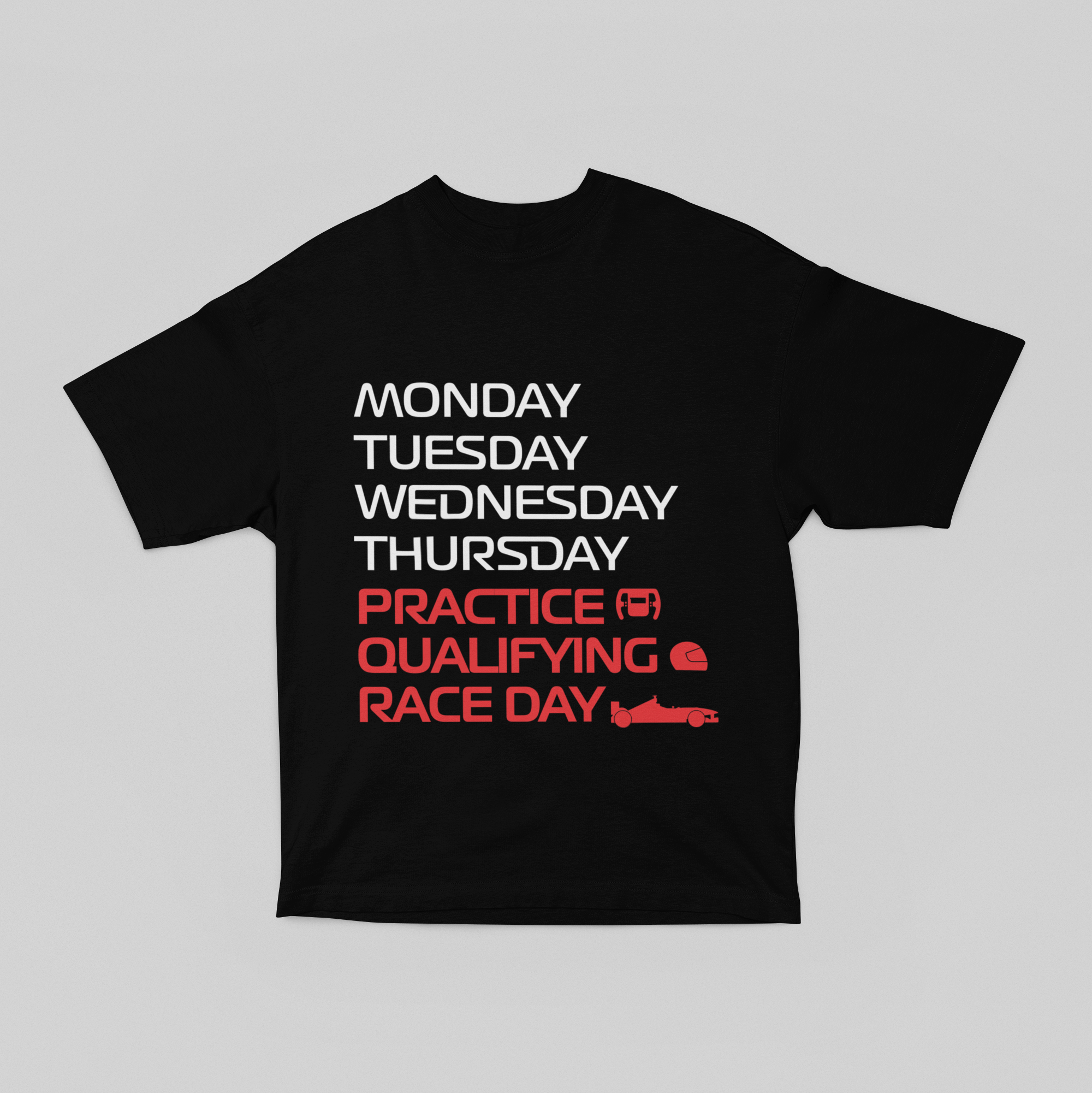 Camiseta Oversized Formula 1 - Dias da semana - Loja GTS Customs